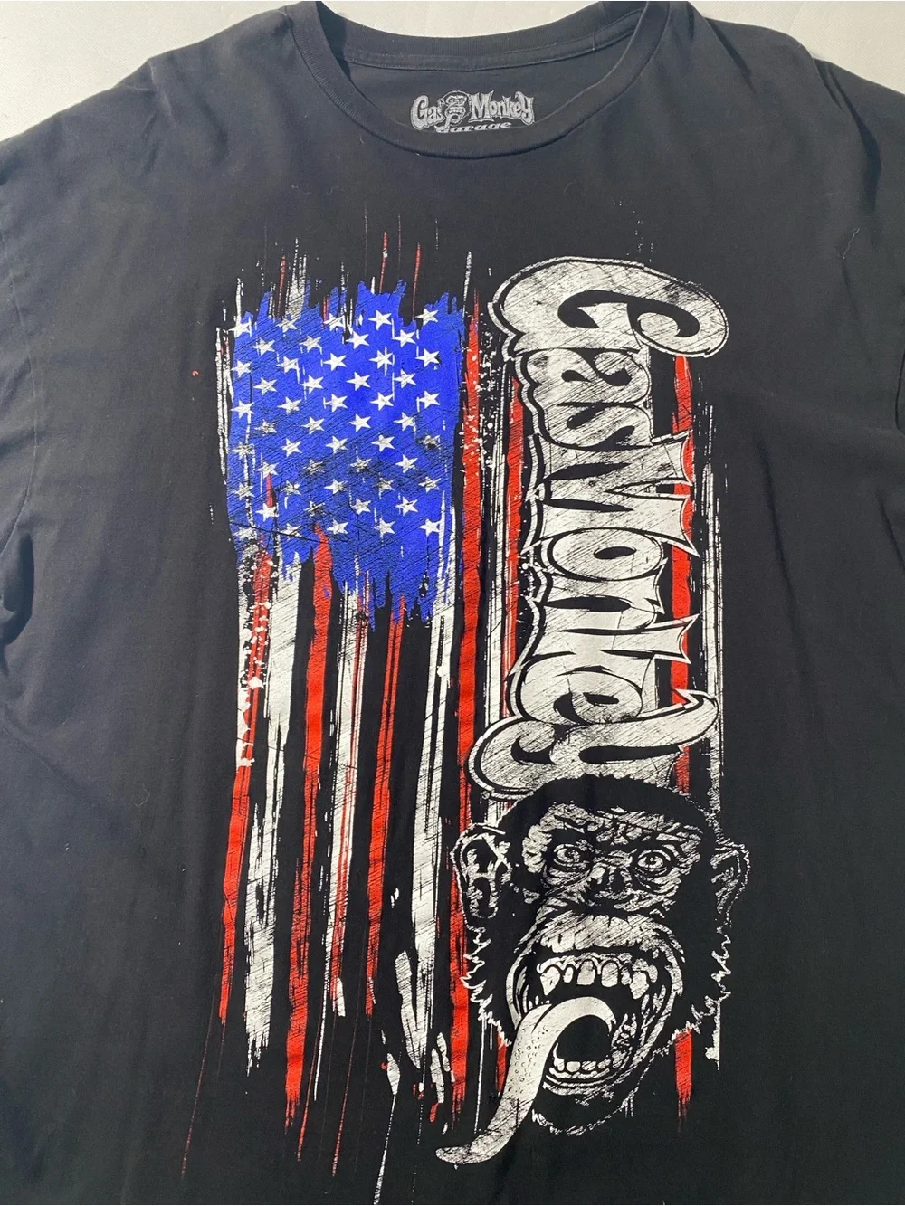 GOOD Size XL Mens Gas Monkey Garage Short Sleeve T-Shirt American Flag Black